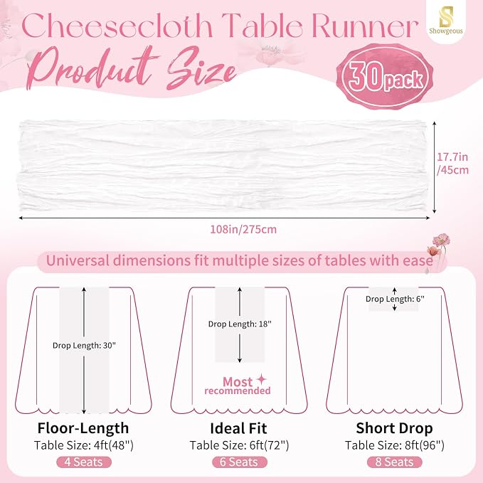 30 Pack White Cheesecloth Table Runner 17 x 108 inch Boho Gauze Table Runner Rustic Sheer Cheese Cloth Table Decorations for Wedding Party Baby Bridal Shower Birthday Holiday Home