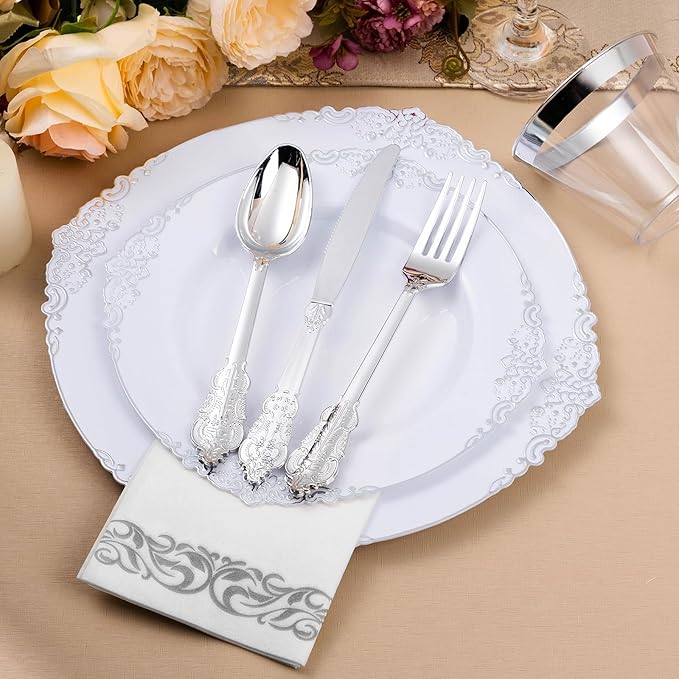 Bestluck 350PCS Silver Plastic Plates for 50 Guests, Disposable Dinnerware Set Includes 100 Disposable Plates, 150 Silver Silverware, 50 Cups, 50 Napkins for Party & Wedding