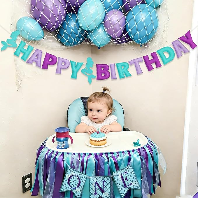 Pre-Strung Mermaid Happy Birthday Banner, Under The Sea Theme Party Decorations, HAPPY BIRTHDAY Garland with Exquisite Mermaid Design, Personalized Festival Sign for Baby Girls Party Decor, Photo Prop