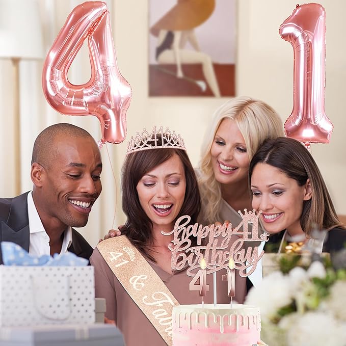41st Birthday Decorations for Women, Include 41st Birthday Sash and Tiara, Cake Topper and Candles, Number Balloons, 41 Year Old Gifts for Women
