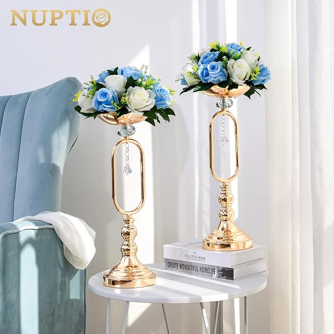 NUPTIO Flower Balls for Wedding Table Centerpieces, Blue & White Fake Rose | 10 Pcs Artificial Silk Floral Bouquet Arrangements, for Birthday Party, Baby Shower, Quinceanera, Housewarming Decorations