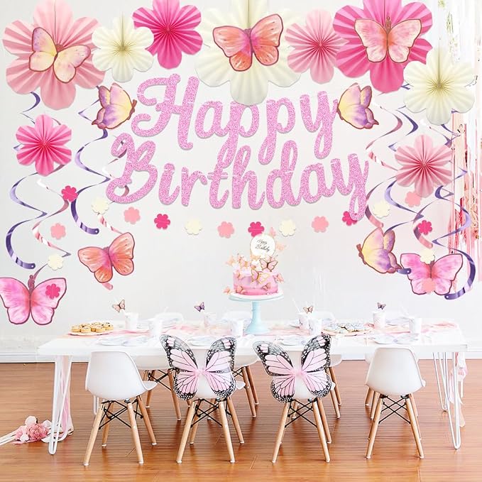 Butterfly Birthday Decorations Party Supplies with Pre-strung Happy Birthday Banner,Flower Garland,Cake Cupcake Toppers,Hanging Swirls, Paper Fan Spring-themed Decor Pack for Women Girls (Pink)