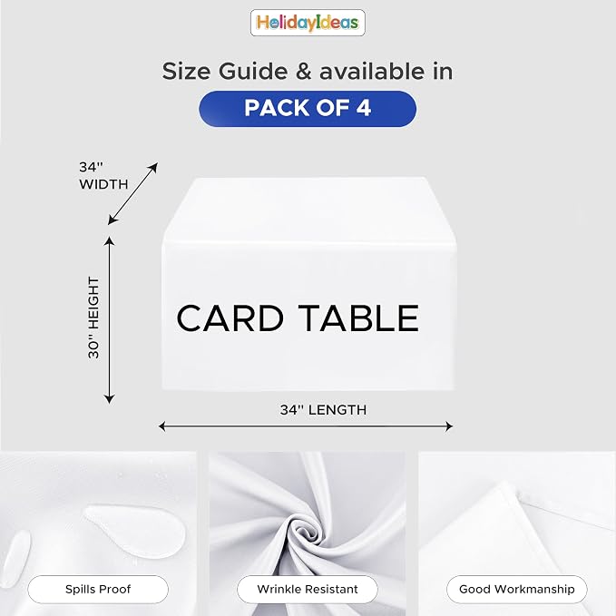 HolidayIdeas 4-Pack 34x34 inch White Craft Shows Weddings Fitted Tablecloth | Wrinkle resistant table covers; bulk quantity pack for professional trade exhibition displays or vendor booths