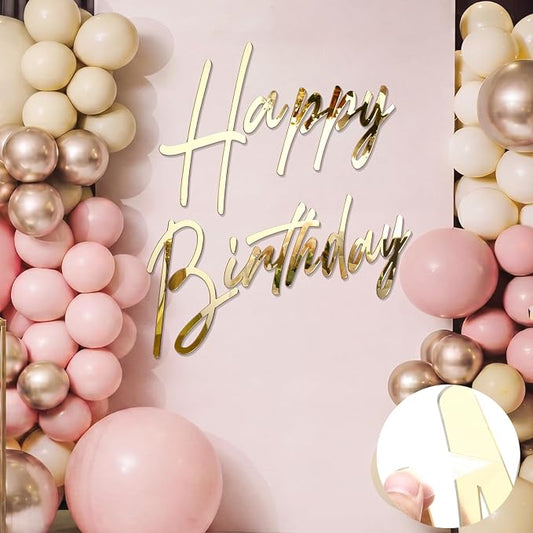 Yousoontic Happy Birthday Sign for Backdrop Large Happy Birthday Sticker Letter Acrylic Mirror Decal for Balloon Arch Wall Kpop Party, Peel Off Acrylic Film(28.5 x 24 Inches,Classic,Gold)