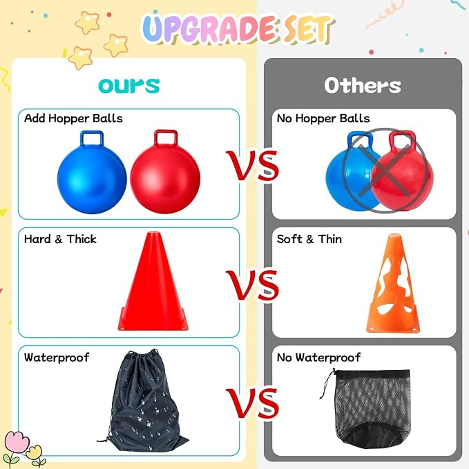 JOY SPOT! Carnival Outdoor Games Combo Set for Kids, 18 Inch Hopper Balls with Handles, Ring Toss, Bean Bags, Egg Spoon Relay Race, Fun for Backyard, Field Day, School, Birthday Parties, Family Events