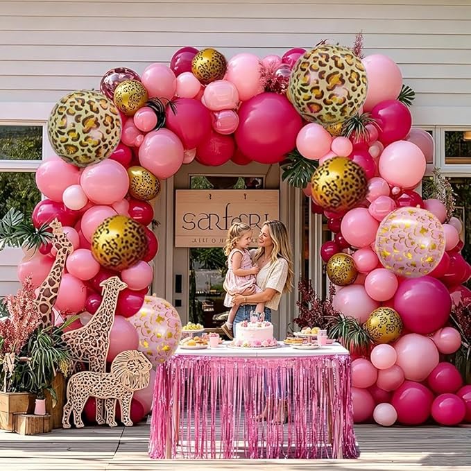 Hot Pink Balloon Arch Kit, Double Stuffed Dark Light Pink Magenta Gold Cheetah Print Balloons Fringe Curtain for Birthday Baby Shower Mother's Day Bridal Wedding Safari Jungle Wild Party Decorations