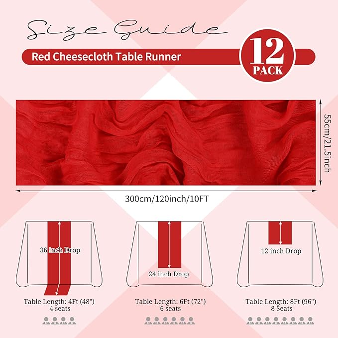 12 Pack Red Cheesecloth Table Runner 120 inch Fall Thanksgiving Boho Rustic Gauze Farmhouse 10FT Cheese Cloth Runner for Baby Shower Wedding Party Holiday Home Decor