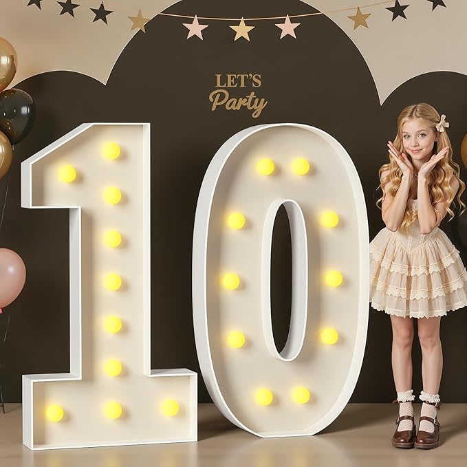 Mixifox 10 Light up Numbers 4 Feet Tall, 10 Marquee Numbers for Party, 10th Birthday Decorations, Big 10 Sign with Light for Anniversary, Birthday Backdrop Decor