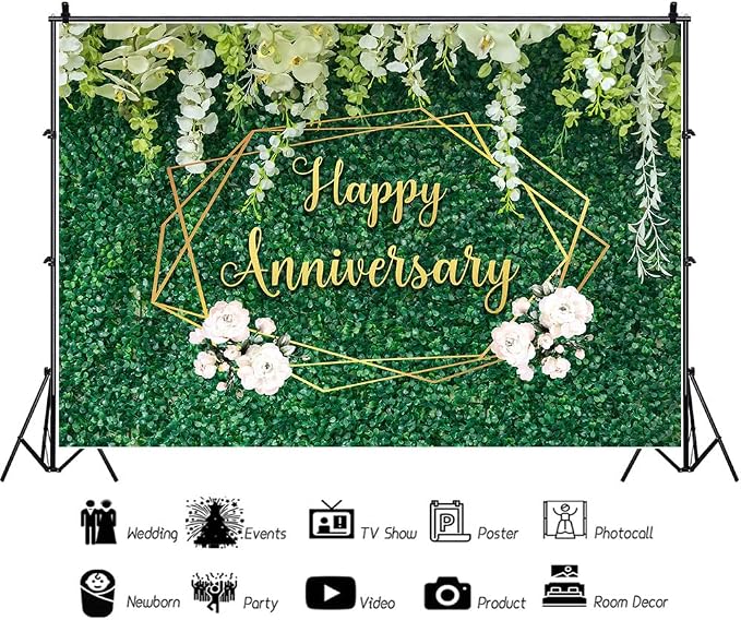 Happy Anniversary Banner Backdrop Decorations Green Leaves Wall Couple Wedding Photography Background Floral Happy Anniversary Backdrop Party Decoration Banner 5.9×3.6Ft