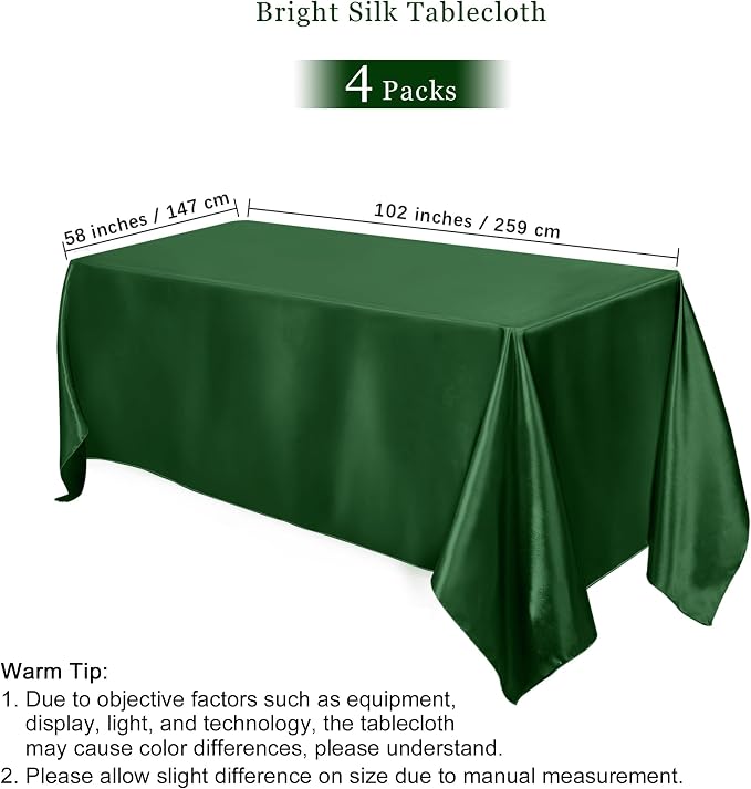 TURSTIN 4 Packs Satin Tablecloth 102 x 58 Inch Overlay Satin Table Cover Rectangle Bright Silk Tablecloth Smooth Fabric Table Decoration for Wedding Banquet Party Events, Dark Green