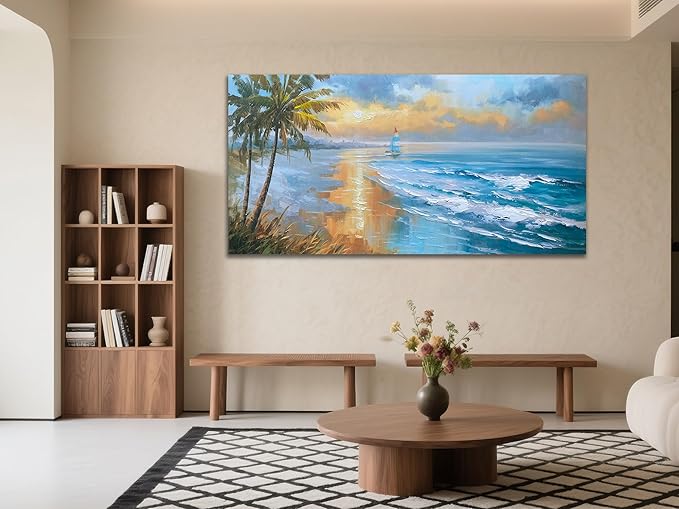 Enartly 3D Textured Seascape Wall Art for Living Room, Ocean Nature Coconut Tree Landscape Canvas Painting Artwork Framed Bedroom Bathroom Hallway Home Office Wall Decor, 58"x29"