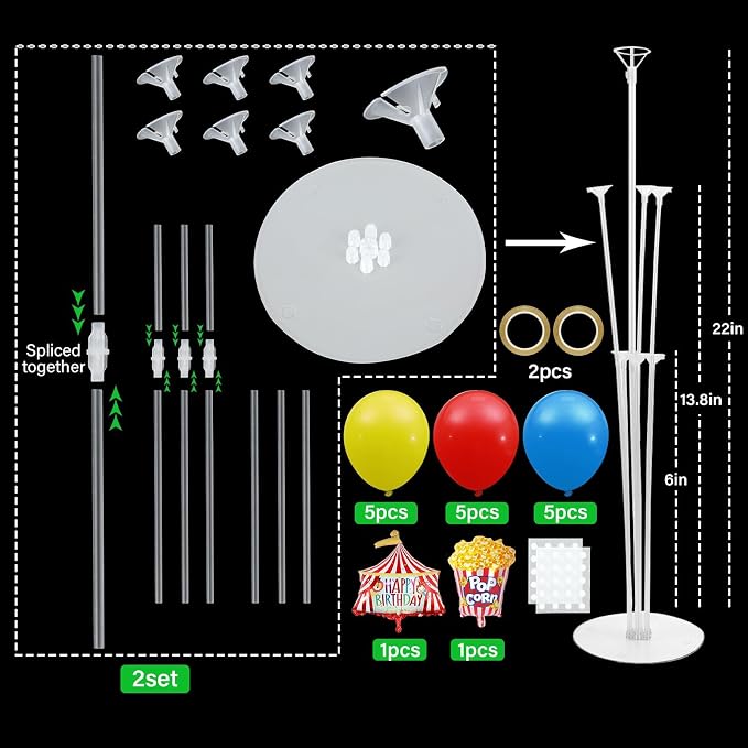 Carnival Circus Birthday Party Balloons Stand Kit 2 Sets with 2 Circus Tent Popcorn Foil Balloons Plim Themed Red Blue Yellow Balloon Centerpiece for Tables for Carnival Birthday Party Decorations