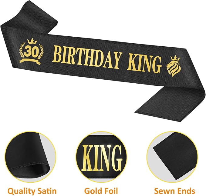 30th Birthday Gifts for Men, 30th Birthday Decorations for Men, Party Decor Supplies including King Crown & Sash & Banner & Balloons & Cake Topper & Candles