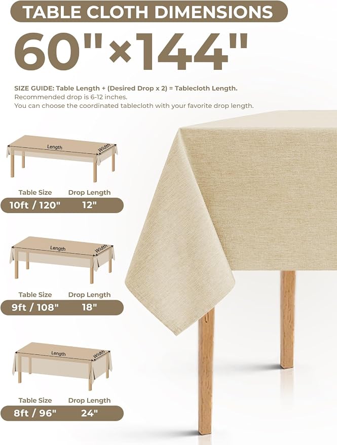 Decorelia Faux Linen Farmhouse Table Cloth 60"x144" for 10 ft Rectangle Table, Beige Waterproof Outdoor Washable Cloth Tablecloth for Rectangular Dining Room Kitchen Outdoor Party Restaurant Table