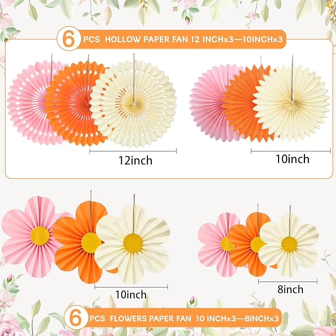Orange Pink Cream Party Decorations, 12PCS Paper Fans Flowers Wall Backdrop for Little Cutie 1st Birthday, Boho Sunset Baby Shower, Groovy Daisy Wedding & Nursery Decor