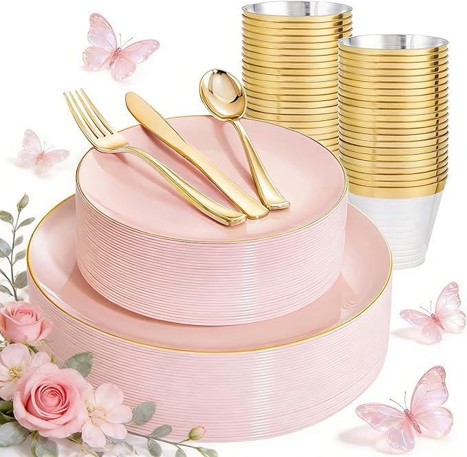 WDF 150Pcs Pink Plates Disposable - Pink and Gold Plastic Plates 25guest Disposable Dinnerware Include 25 Dinner Plate, 25 Dessert Plate, 25 Cutlery & 25 9oz Cups for Baby Shower/Spring/Mother's Day