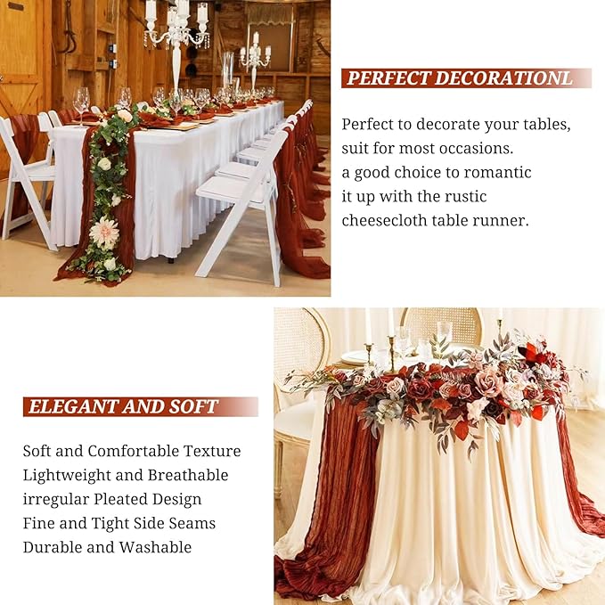 8 Pack Cheesecloth Table Runner 13Ft Boho Gauze Table Runner 35×157 Inch Rustic Romantic Long Table Runner for Wedding Party Bridal Shower Thanksgiving Christmas Decoration(Terracotta)