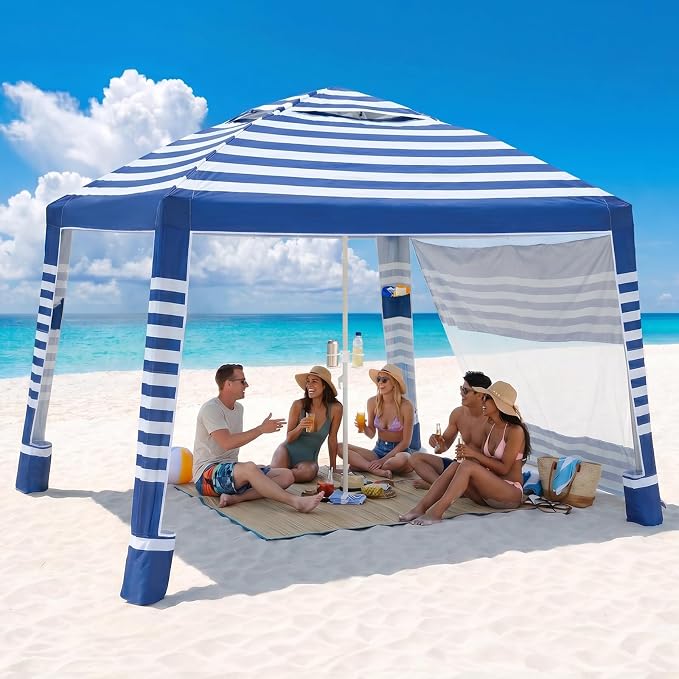 Sekey Beach Cabana - 8x8 FT Easy Setup Beach Shade Canopy UPF 50+ Sun Shelter with Sandbag & Side Wall, Large Portable Outdoor Tent for Family, Navy Stripe