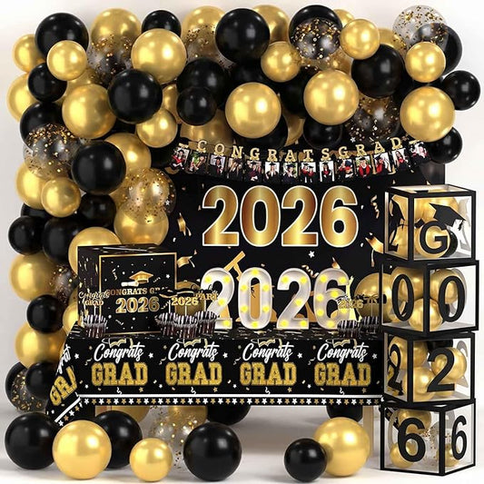 Lunmon 114 Pcs Graduation Decorations Class of 2026 Include Grad Backdrop Balloons Photo Banner Graduation Card Box Holder Balloon Boxes Cake Toppers Light up Numbers 2026 Tablecloth (Black, Gold)