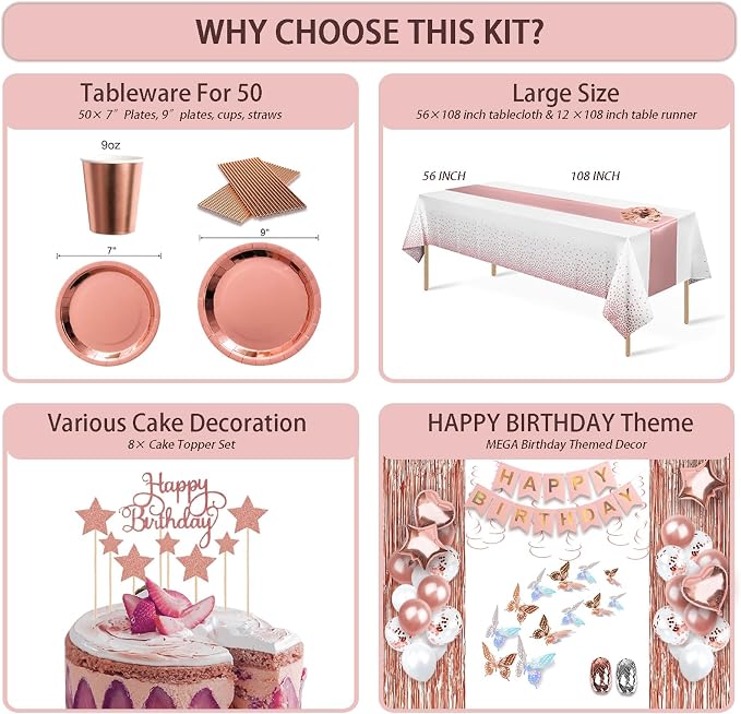 UJoyant 296 Pcs Birthday Decorations For Women, Rose Gold Party Decorations Kit For Girls Or Women - Butterfly, Hanging Swirl, Balloon Stand, Sash, Tiara, Banner, Balloon, Tableware For 50 Guest