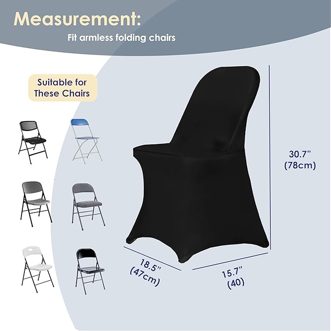 Craft And Party 50 Pack Black Spandex Folding Chair Covers, Stretch Polyester Slipcovers for Wedding, Party & Dining Chairs – Flat Front Design, Universal Fit