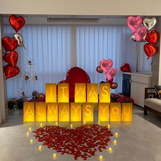 It Was Always You Lighted Letters Sign 8pcs Luminary Paper Bags 2000pcs Red Pink Artificial Rose Petals 48pcs Flameless LED Candle Tealight 10pcs Heart Balloons Romantic Night Valentine's Day Decor