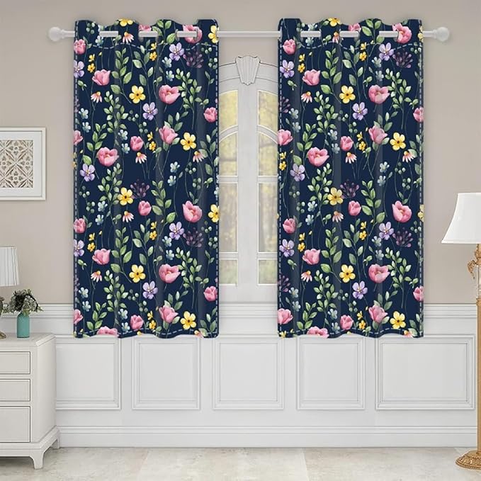 Spring Floral Flowers Window Curtains Pink Yellow Flower Botanical Leaves Thermal Insulated Room Darkening Blackout Curtains Drapes for Bedroom Living Room Kitchen Decor,26x24 inch,2 Panels