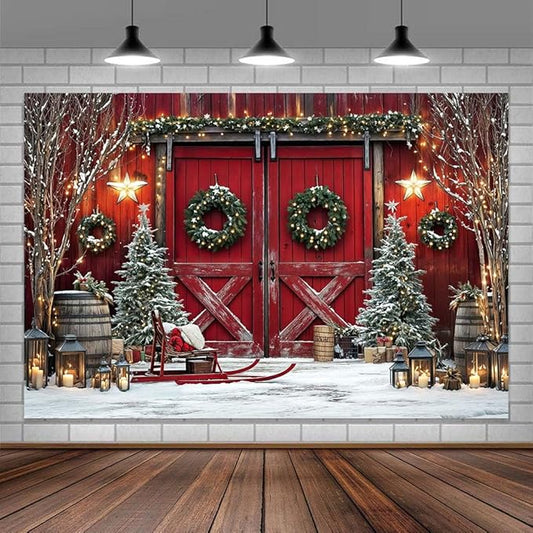 Christmas Red Rustic Barn Door Backdrop, Vintage Wooden Door Snowy Xmas Tree Photography Background, Kids Family Holiday Party Decoration Backdrops Supplies Photo Studio Props 12x8ft