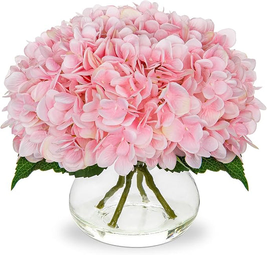Hollyone Pink Hydrangea Artificial Flowers with Glass Vase Silk Faux Flowers Arrangements with Clear Faux Water Fake Floral Bulk Bouquet for Home Decor Table Centerpiece Decorations