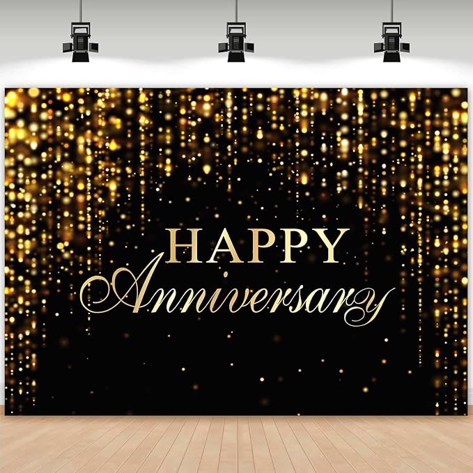 Happy Anniversary Backdrop Black Gold Anniversary Banner Cheers to Marriage Love Wedding Party Decorations Glitter Flowing Drapes Photography Background Photo Booth Props 10x7ft