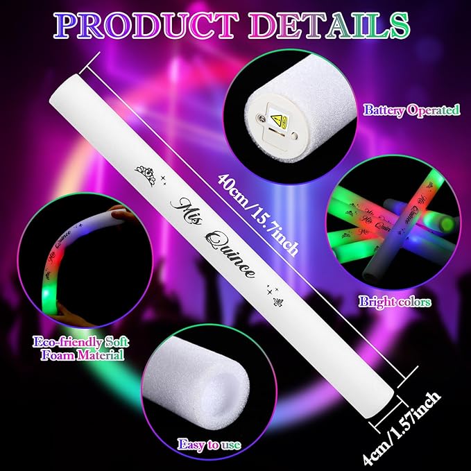 Silipull Quinceanera Party Favors Glow Sticks Foam Light up LED Sticks Foam Light Wands with 3 Modes Colorful Flashing Quinceanera Decor for 15th Birthday Mis Quince Anos Guest Dance Concert