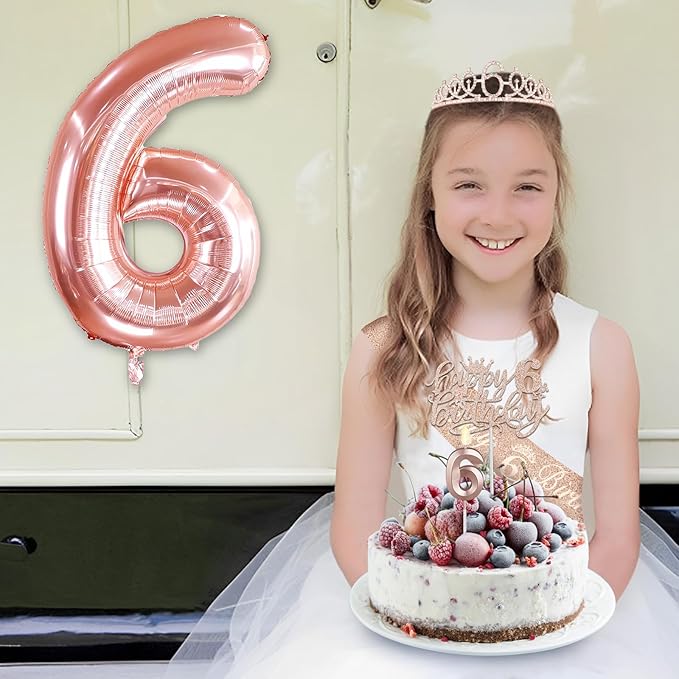 6th Birthday Decorations for Girls, Including 6th Birthday Sash and Tiara, Cake Topper and Candle, Number Balloon, 6 Year Old Girl Gifts