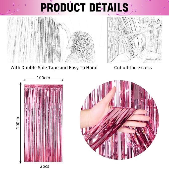 Jobkoo Pink Birthday Decorations for Girls, Hot Light Pink Balloon Garland Arch Kit Happy Birthday Banner Foil Curtain Heart Star Foil Party Balloons for Princess Party Decor