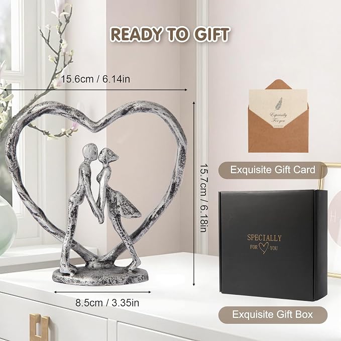 Anniversary Wedding Gift for Her Wife Husband Couple， Antique Silver Metal Couple Figurine Heart Sculpture Love Statue，Romantic 1st to 60th Anniversary,Includes Gift Box and Gift Card，Valentines Gifts
