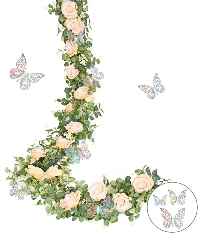 Yastouay 6.07 Ft Fuller Flower Garland with 3D Butterfly, Artificial Eucalyptus Garland with Champagne Flowers Fake Rose Vine for Table Centerpiece Wedding Baby Shower Party Room Backdrop Decor