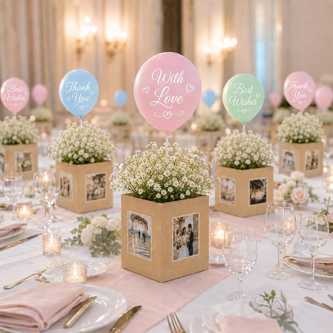 Cinrobiye 12 Pcs Wedding Table Centerpiece Boxes with Artificial Baby's Breath Flowers,Balloons,and Ribbon,DIY Photo Display Floral Table Decorations for Wedding Reception Engagement Bridal Shower