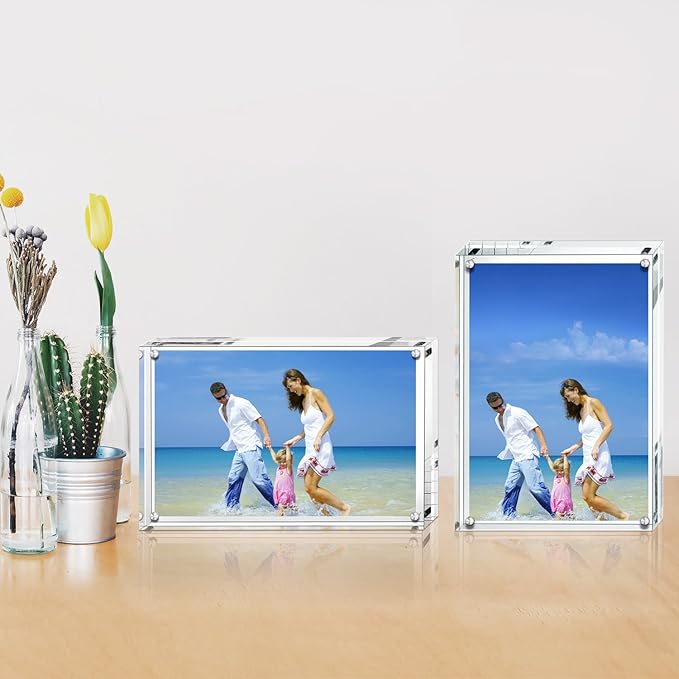 AMEITECH Acrylic Picture Frames 3 Pack, 4x6'' Clear Double Sided Block Set, Desktop Frameless Magnetic Photo Frame