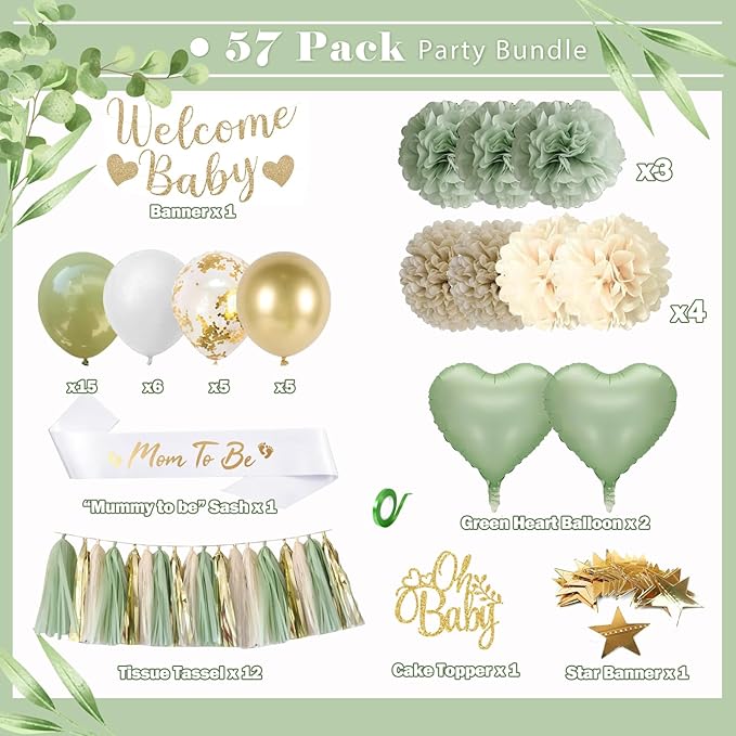 Baby Shower Decorations - Sage Green Balloons Welcome Baby Banner, Cake Topper, Paper PomPoms, Tassels, Star Banner Decor for Baby Shower Decorations Neutral Gender Reveal Party Supplies