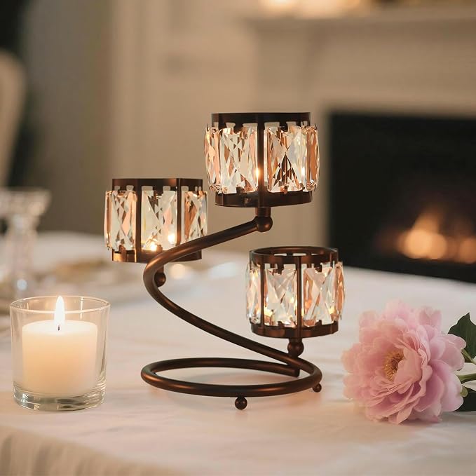 Metal 3 Arm Crystal Candle Holder - Tea Light Centerpiece Candle Holder, Votive Holder with Sparkling Crystal Bowl, Suitable for Wedding, Table Centerpiece, Home Decor (2, 3 arm-Black)