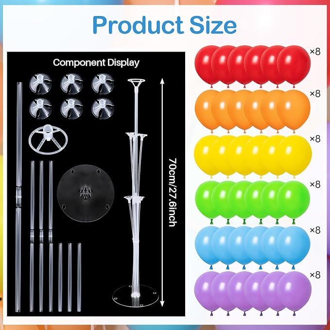 6 Balloon Stand Kit for Table Centerpieces with Balloon and Base Rainbow Balloons Holder Birthday Retirement Graduation Wedding Gender Reveal Party Baby Shower Decorations