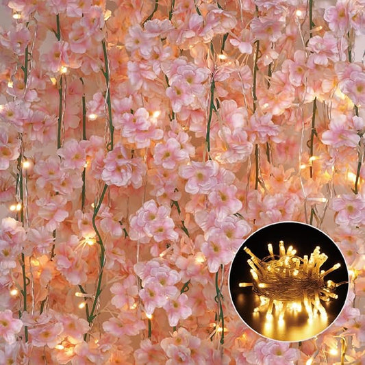 Sunm Boutique Cherry Blossom Garland 4-Pack 23.6 Ft Cherry Blossom Hanging Vine with 32.8 Ft Long 80 LED String Lights Silk Sakura Vines Garland for Wedding Party Decor, Pink