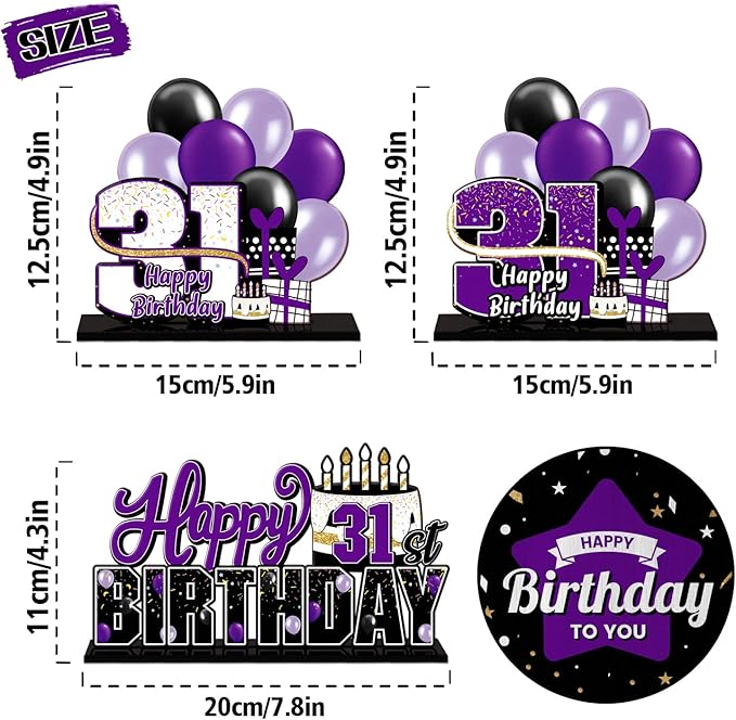 LINGTEER Happy 31st Birthday Purple Acrylic Table Topper Centerpieces Set - Cheers to 31 Years Old Birthday 31st Bday Party Gift Decorations.