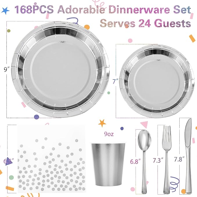 Silver Plates Party Supplies Disposable Dinnerware Set,168pcs Silver Paper Plates and Napkins for Graduation Holiday Disco Birthday Party Decorations Serves 24