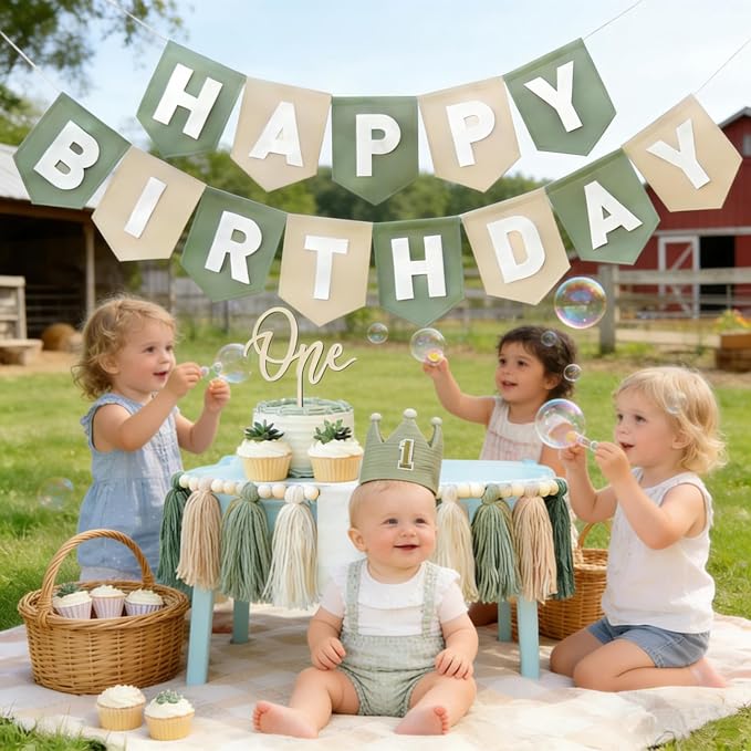 Sage Green 1st Birthday High Chair Decorations- First Birthday Banner Wild One Highchair banner 1st birthday boy with Tassels, Crown & One Cake Topper, Boho 1st Birthday Party Supplies photo props