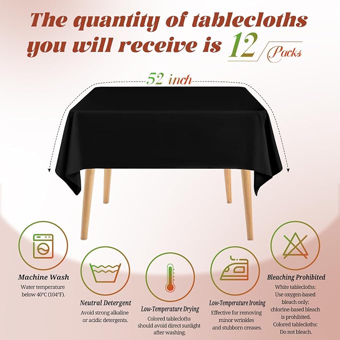 Teruntrue 12 Packs Square Tablecloth 52 x 52 Inch Black Square Table Cloth, Washable Polyester Fabric for Wedding Parties Banquet Holiday Dinner Table Decorative, Black