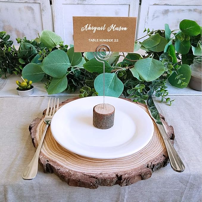 6 Pcs 8"-11" Wide Large Natural Round Wood Slices with Bark Pine Wood Slices Table Mat with 50 Pcs Kraft Place Cards for for Wedding Centerpiece DIY Woodland Projects Table Chargers Country Decor