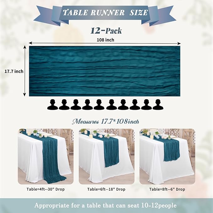 Pesonlook 12 Pack Cheesecloth Table Runner,Teal Table Runner Long Romantic Semi Sheer Rustic Boho Gauze Table Runners for Wedding Bridal Shower Birthday Party Decorations(17.7×108 Inch)