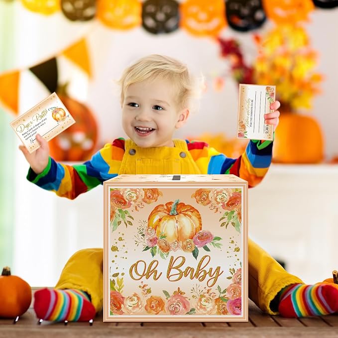 Teling 51 Pieces Diaper Raffle Tickets with Card Box Baby Shower Decorations Baby Shower Holder Box for Girl Boy Diaper Raffle Party(Pumpkin)