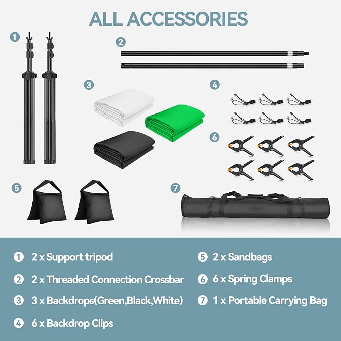 7x10 FT Photography Background Support System, Adjustable Photo Video Studio Backdop Stand Kit with 3 Polyster Background (Black, White, Green), Spring Clamps, Sandbags and Carry Bag