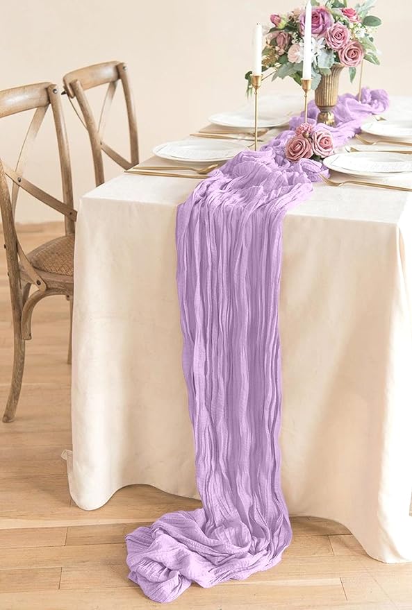 24 Pack Lavender Cheesecloth Table Runner 10FT Lilac Purple Boho Gauze Cheese Cloth Table Runner Rustic Sheer Fabric Table Runners for Wedding Bridal Shower Baby Shower Party(21.5×120 Inch)